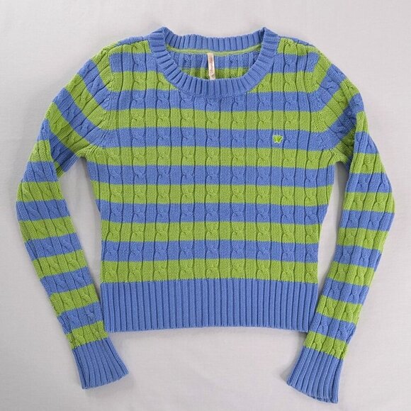 Y2k Aeropostale Blue Green Cable Knit Ribbed Butterfly Embroidered Crop Sweater - Picture 1 of 5
